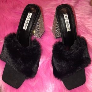 Black faux fur rhinestone heels
